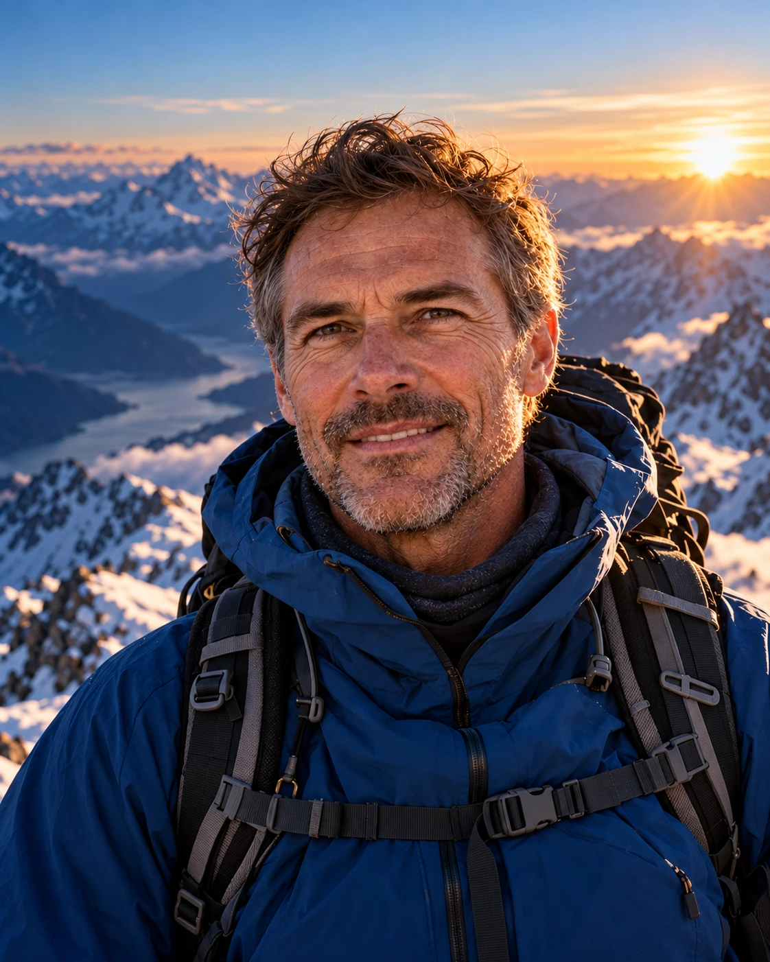 Lächelnder Bergsteiger vor einem Alpenpanorama