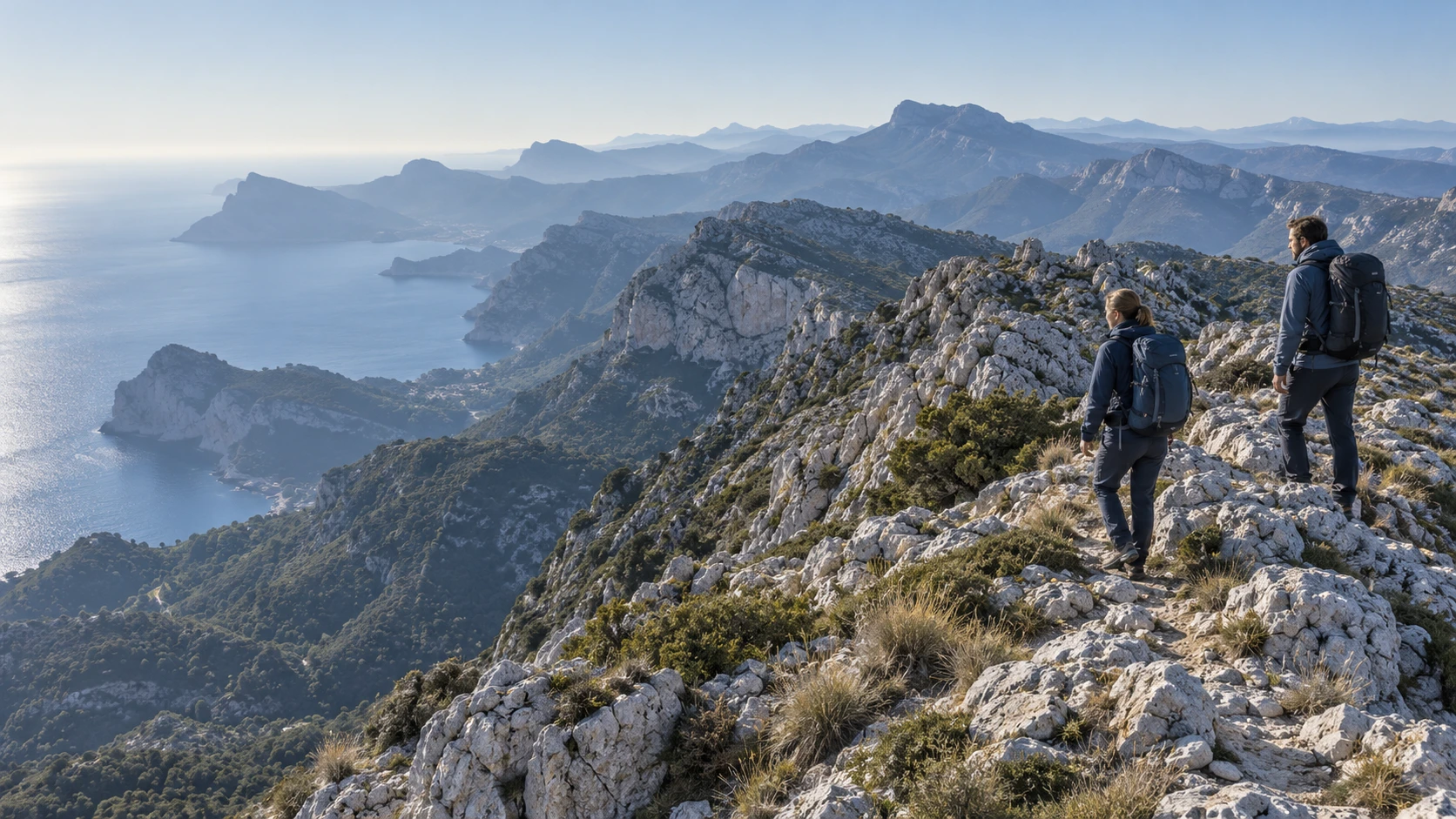 Wanderin auf einem Bergweg in der Serra de Tramuntana